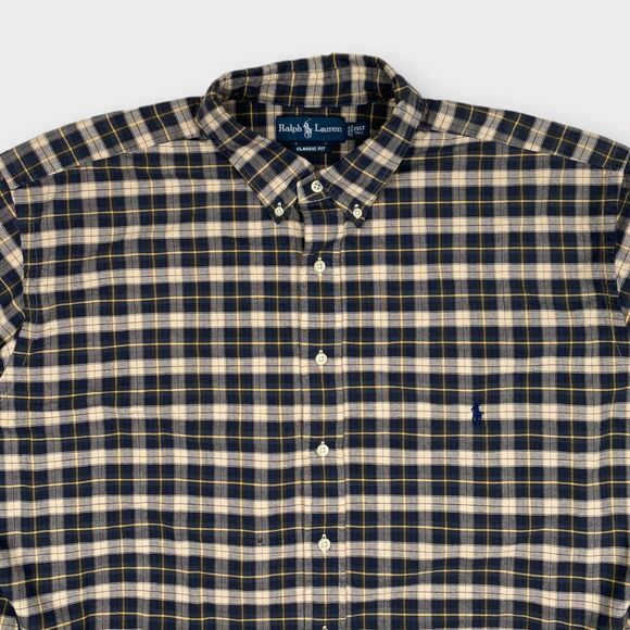 VINTAGE Ralph Lauren Shirt Mens 2XLT Tall Beige Black Check Woven Button Down - Picture 3 of 16